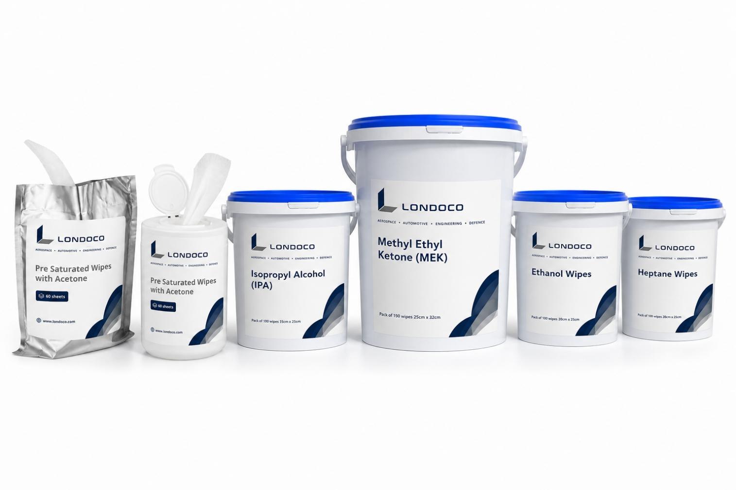 Londoco pre-saturated wipe tubs across the fluid range: acetone, IPA, MEK, ethanol and heptane