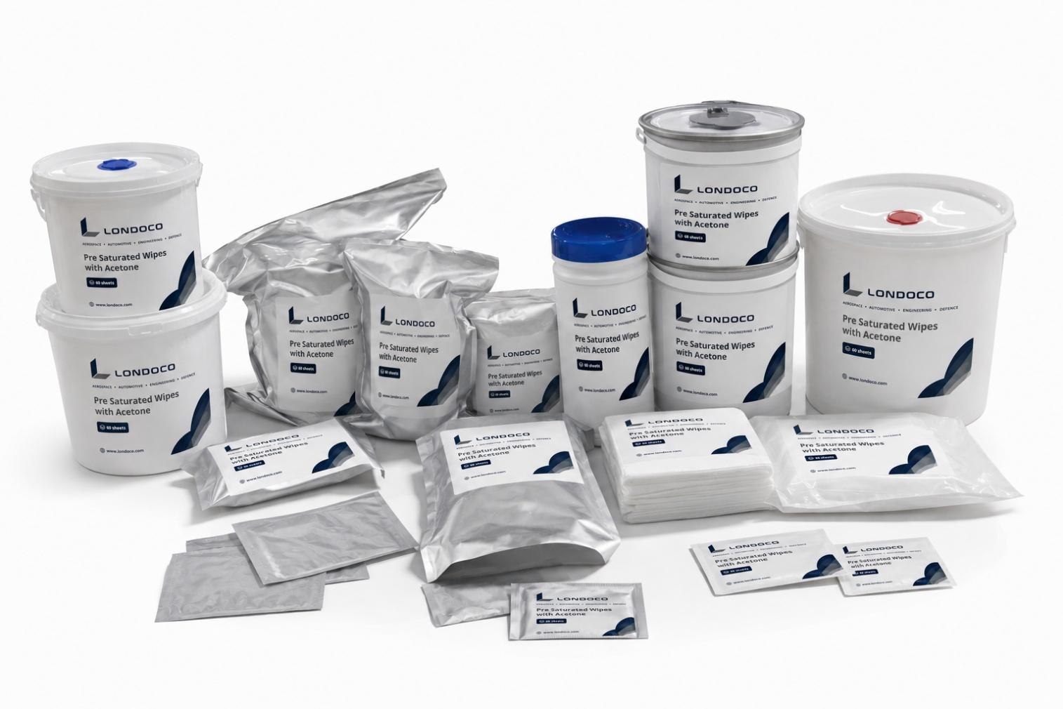 Londoco pre-saturated wipes in tubs, buckets, pouches and sachets across the fluid range